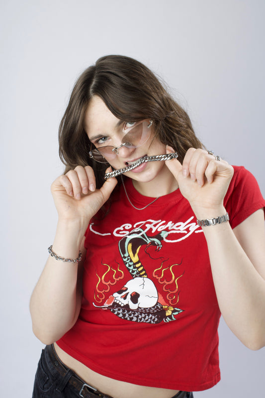 Ed Hardy Womens Flame Cobra Snake Skull Red Crop Top