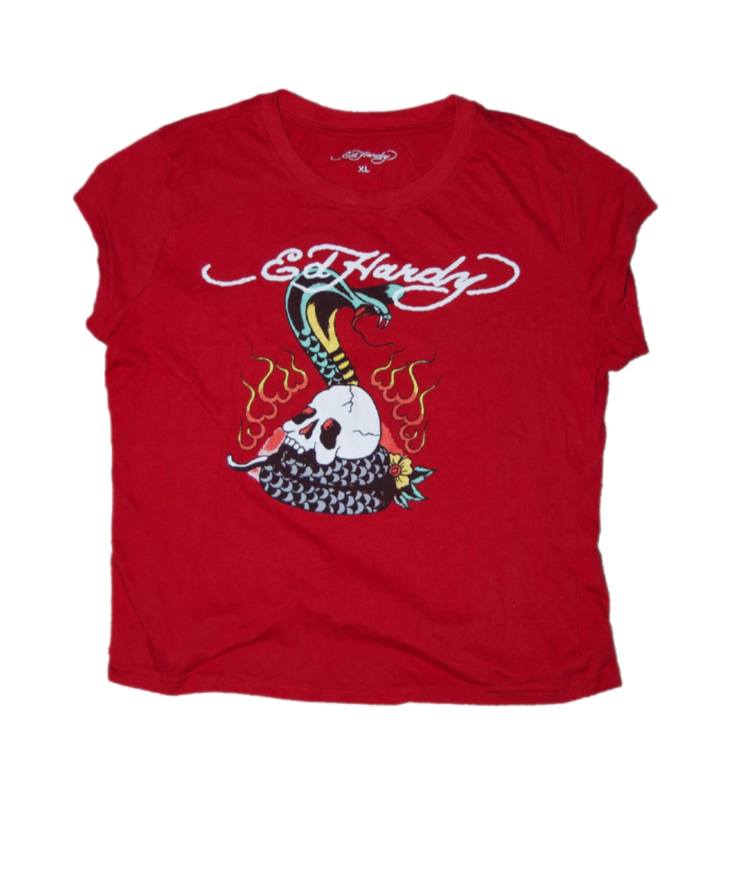 Ed Hardy Womens Flame Cobra Snake Skull Red Crop Top